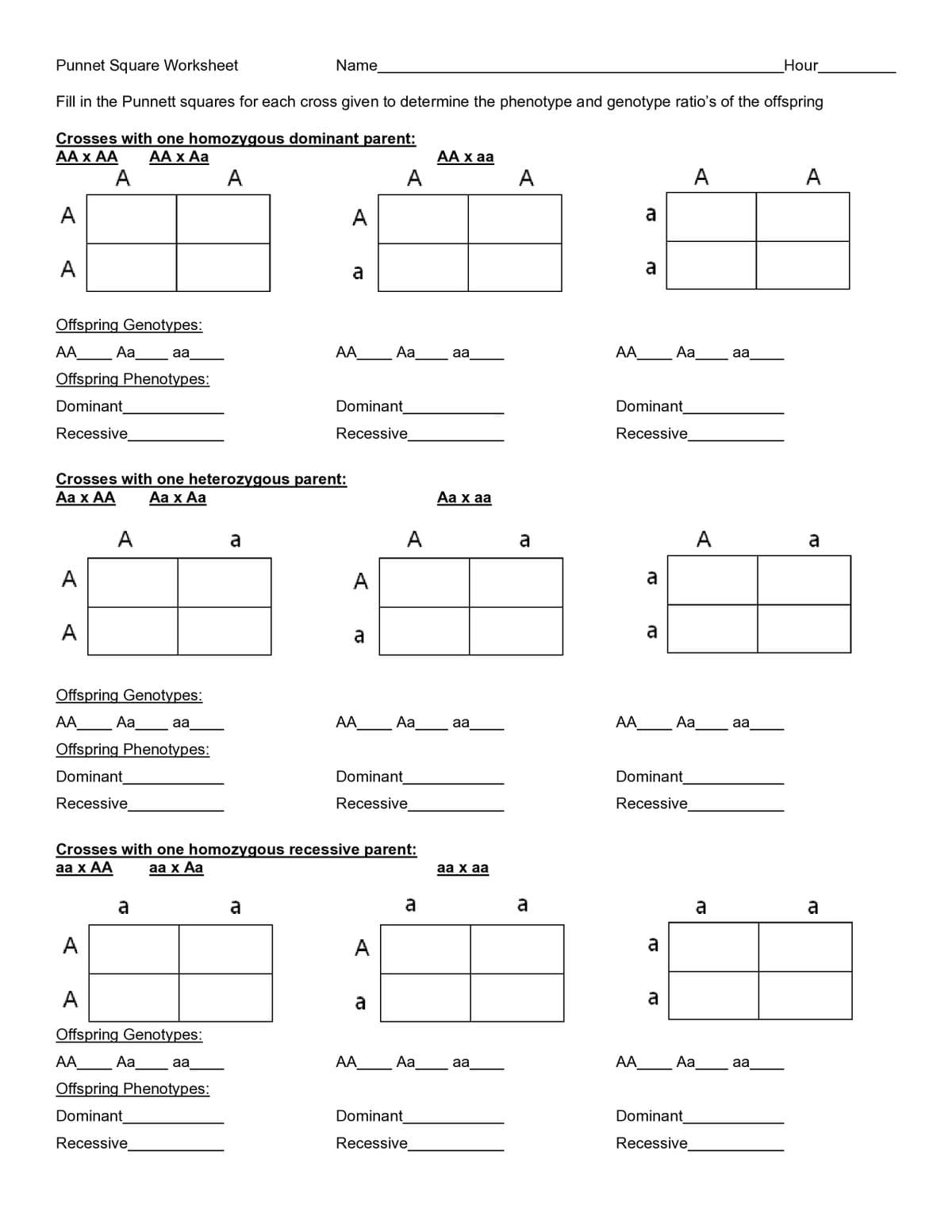 Punnet Square Worksheet
Fill in the Punnett squares for each cross given to determine the phenotype and genotype ratio's of the offspring
Crosses with one homozygous dominant parent:
AA X AA
AA x Aa
A
A
A
A
Offspring Genotypes:
AA___ Aa_ aa
Offspring Phenotypes:
Dominant
Recessive
A
A
Crosses with one heterozygous parent:
Aa x AA
Aa x Aa
A
Offspring Genotypes:
AA
Aa
Offspring Phenotypes:
Dominant
Recessive
A
aa
a
A
Offspring Genotypes:
AA
Offspring Phenotypes:
Dominant
Recessive
Aa
Name
а
aa
a
A
a
AA
Dominant
Recessive
A
a
AA
Crosses with one homozygous recessive parent:
aa x AA
aa x Aa
A
A
Aa
a
Dominant
Recessive
AA
A
Aa
a
Aa
Dominant
Recessive
AA x aa
aa
Aa x aa
aa
aa x aa
aa
A
a
a
AA
AA
a
a
Dominant
Recessive
AA
a
a
Dominant
Recessive
a
Aa
a
A
Aa
A
Dominant
Recessive
Aa
a
aa
aa
aa
Hour
A
a
a