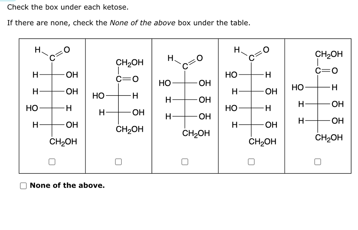 Check the box under each ketose.
If there are none, check the None of the above box under the table.
H
Н
I
НО
н
ОН
ОН
н
ОН
CH2OH
НО
H
None of the above.
CH₂OH
Н
-ОН
CH₂OH
H
Но
H
Н
ОН
ОН
ОН
CH2OH
Н.
НО
I
НО
Н
-Н
I
ОН
Т
ОН
CH2OH
НО
H
Н
CH₂OH
C=0
н
-ОН
ОН
CH₂OH