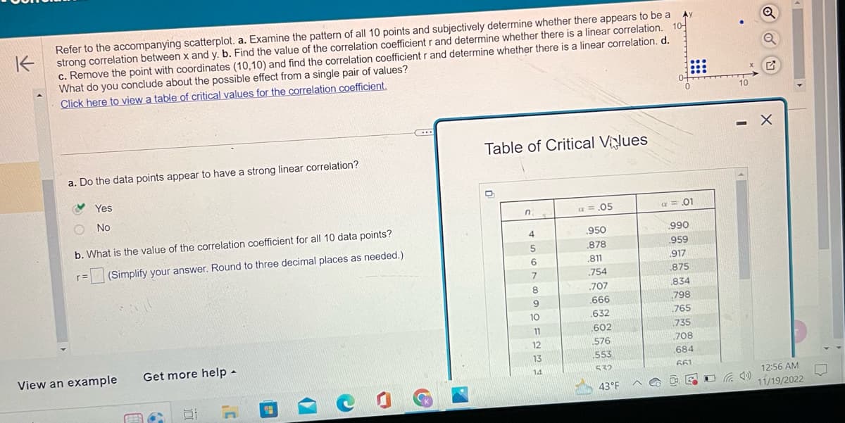 K
Ay
10-
Refer to the accompanying scatterplot. a. Examine the pattern of all 10 points and subjectively determine whether there appears to be a
strong correlation between x and y. b. Find the value of the correlation coefficient r and determine whether there is a linear correlation.
c. Remove the point with coordinates (10,10) and find the correlation coefficient r and determine whether there is a linear correlation. d.
What do you conclude about the possible effect from a single pair of values?
Click here to view a table of critical values for the correlation coefficient.
a. Do the data points appear to have a strong linear correlation?
Yes
No
b. What is the value of the correlation coefficient for all 10 data points?
(Simplify your answer. Round to three decimal places as needed.)
r=
View an example
Get more help -
C
(8.9
(
….
&
17
Table of Critical Values
n
45678 SOIEM
9
10
11
12
13
14
a = .05
.950
.878
.811
.754
.707
.666
.632
7
.602
576
553
532
43°F
&
0-
0
a = .01
990
959
917
875
834
.798
765
735
708
.684
661
10
- X
12:56 AM
11/19/2022