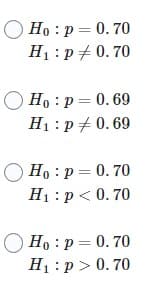 Ho: p = 0.70
H₁: p = 0.70
Ho:
p=0.69
H₁: p0.69
Ho: p=0.70
H₁: p < 0.70
Ho: p=0.70
H₁: p > 0.70