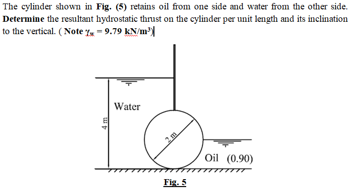 The cylinder shown in Fig. (5) retains oil from one side and water from the other side.
Determine the resultant hydrostatic thrust on the cylinder per unit length and its inclination
to the vertical. (Note Yw = 9.79 kN/m³
Water
Oil (0.90)
Fig. 5
