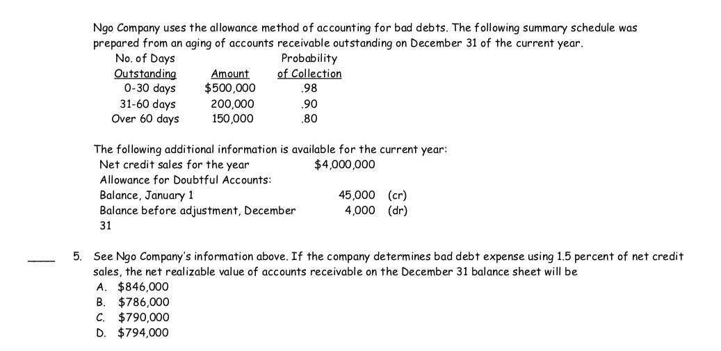 Ngo Company uses the allowance method of accounting for bad debts. The following summary schedule was
prepared from an aging of accounts receivable outstanding on December 31 of the current year.
No. of Days
Outstanding
0-30 days
31-60 days
Over 60 days
Probability
of Collection
Amount
$500,000
.98
200,000
.90
150,000
.80
The following additional information is available for the current year:
Net credit sales for the year
$4,000,000
Allowance for Doubtful Accounts:
Balance, January 1
Balance before adjustment, December
45,000 (cr)
4,000 (dr)
31
See Ngo Company's information above. If the company determines bad debt expense using 1.5 percent of net credit
sales, the net realizable value of accounts receivable on the December 31 balance sheet will be
5.
A. $846,000
$786,000
C. $790,000
D. $794,000
B.

