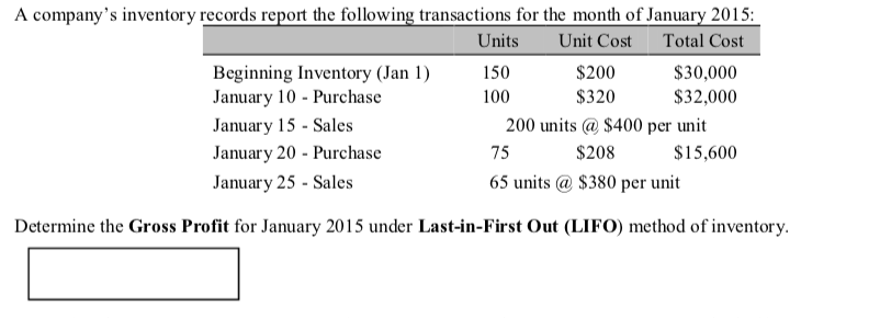 A company's inventory records report the following transactions for the month of January 2015:
Total Cost
Units
Unit Cost
Beginning Inventory (Jan 1)
January 10 - Purchase
January 15 - Sales
January 20 - Purchase
January 25 - Sales
$30,000
$200
$320
200 units @ $400 per unit
$208
65 units @ $380 per unit
150
100
$32,000
75
$15,600
Determine the Gross Profit for January 2015 under Last-in-First Out (LIFO) method of inventory.
