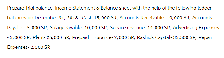 Prepare Trial balance, Income Statement & Balance sheet with the help of the following ledger
balances on December 31, 2018. Cash 15,000 SR, Accounts Receivable- 10,000 SR, Accounts
Payable- 5,000 SR, Salary Payable- 10,000 SR, Service revenue- 14,000 SR, Advertising Expenses
- 5,000 SR, Plant- 25,000 SR, Prepaid Insurance- 7,000 SR, Rashids Capital- 35,500 SR, Repair
Expenses- 2,500 SR