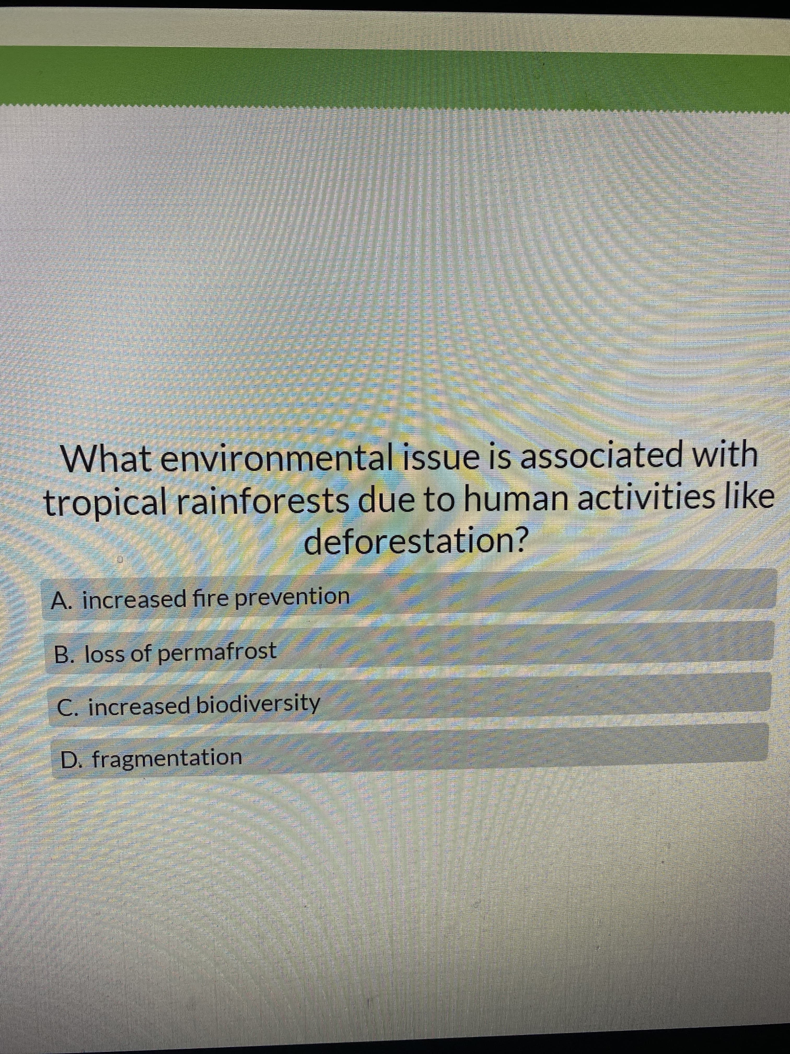 What environmental issue is associated with
tropical rainforests due to human activities like
deforestation?
A. increased fire prevention
B. loss of permafrost
C. increased biodiversity
D. fragmentation