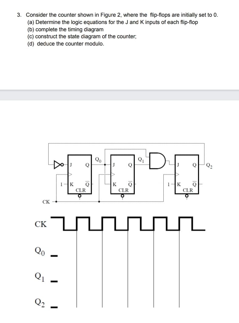 3. Consider the counter shown in Figure 2, where the flip-flops are initially set to 0.
(a) Determine the logic equations for the J and K inputs of each flip-flop
(b) complete the timing diagram
(c) construct the state diagram of the counter;
(d) deduce the counter modulo.
Q1
Q
Qo
Q
J
Q
Q2
1-K
K
CLR
1K
Q
Q
CLR
CLR
CK
СК
Q2
