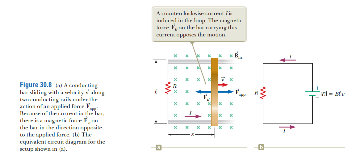A counterclockwise current I is
induced in the loop. The magnetic
force FR on the bar carrying this
current opposes the motion.
Figure 30.8 (a) A conducting
bar sliding with a velocity v along
two conducting rails under the
action of an applied force F
Because of the current in the bar,
there is a magnetic force F,on
the bar in the direction opposite
to the applied force. (b) The
equivalent circuit diagram for the
setup shown in (a).
R
F,
app
R
|El = Blv
app
a
