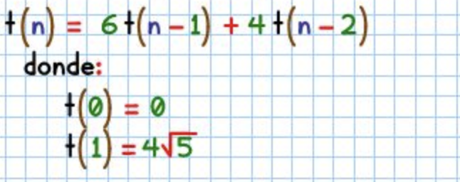 +(n) = 6 + (n − 1) + 4 + (n-2)
donde:
+(0) = 0
+(1) = 4√5