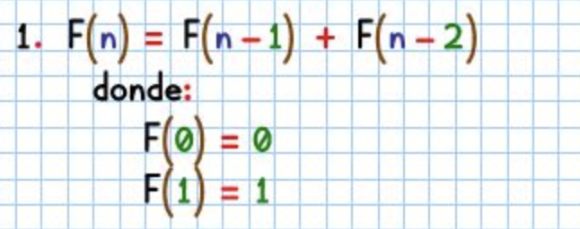 1. F(n) = F(n-1) + F(n-2)
donde:
F(0) = 0
F(1) = 1