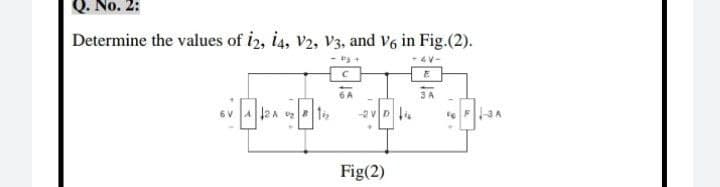 Q. No. 2:
Determine the values of 12, 14, V2, V3, and V6 in Fig. (2).
P3 +
-4V-
E
6 A
SA
A12A ₂1₂
3A
-2VD
Fig(2)