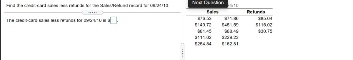 Next Question
Find the credit-card sales less refunds for the Sales/Refund record for 09/24/10.
24/10
Sales
Refunds
.....
$71.86
$451.59
The credit-card sales less refunds for 09/24/10 is $
$76.53
$85.04
$149.72
$115.02
$81.45
$88.49
$30.75
$111.02
$229.23
$254.84
$162.81
