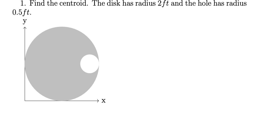1. Find the centroid. The disk has radius 2ft and the hole has radius
0.5ft.
y