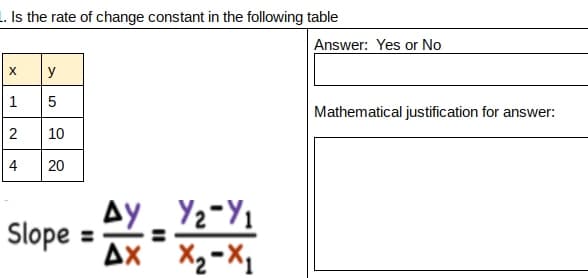 1. Is the rate of change constant in the following table
Answer: Yes or No
y
5
Mathematical justification for answer:
10
4
20
Ay Y2-Y1
Ax¯ Xq-X1
Slope =
1.
2.
