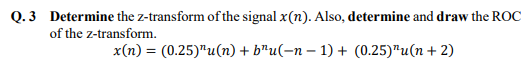 Q.3 Determine the z-transform of the signal x(n). Also, determine and draw the ROC
of the z-transform.
x(n) = (0.25)¹u(n) + b¹u(n − 1) + (0.25)"u(n + 2)