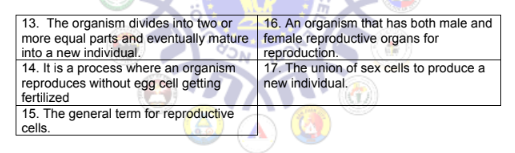 13. The organism divides into two or
more equal parts and eventually mature female reproductive organs for
into a new individual.
14. It is a process where an organism
reproduces without egg cell getting
fertilized
15. The general term for reproductive
cells.
16. An organism that has both male and
reproduction.
17. The union of sex cells to produce a
new individual.
by

