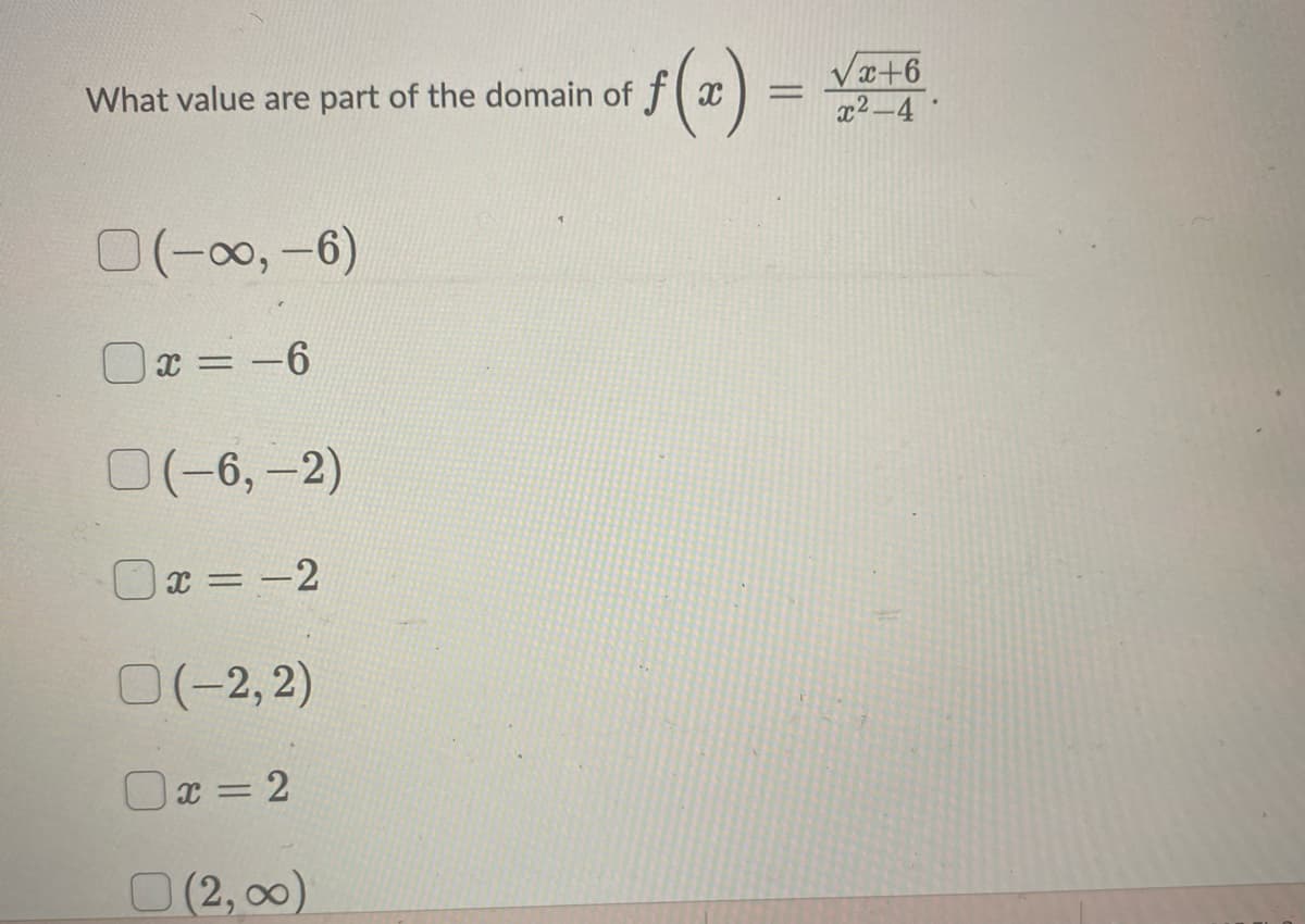 What value are part of the domain of fx
(-∞, -6)
0x = -6
(-6, -2)
x==2
-2
(-2,2)
x=2
ƒ(2) = √²+8
x²-4
(2,00)