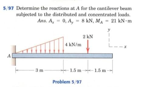 5/97 Determine the reactions at A for the cantilever beam
subjected to the distributed and concentrated loads.
Ans. A, = 0, A, = 8 kN, MA = 21 kN m
2 kN
4 kN/m
A
3 m-
1.5 m 1.5 m-
-
Problem 5/97
