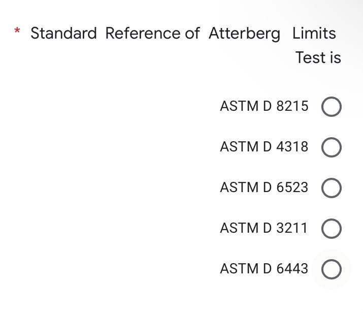 * Standard Reference of Atterberg Limits
Test is
ASTM D 8215 O
ASTM D 4318
ASTM D 6523
ASTM D 3211 O
ASTM D 6443 O