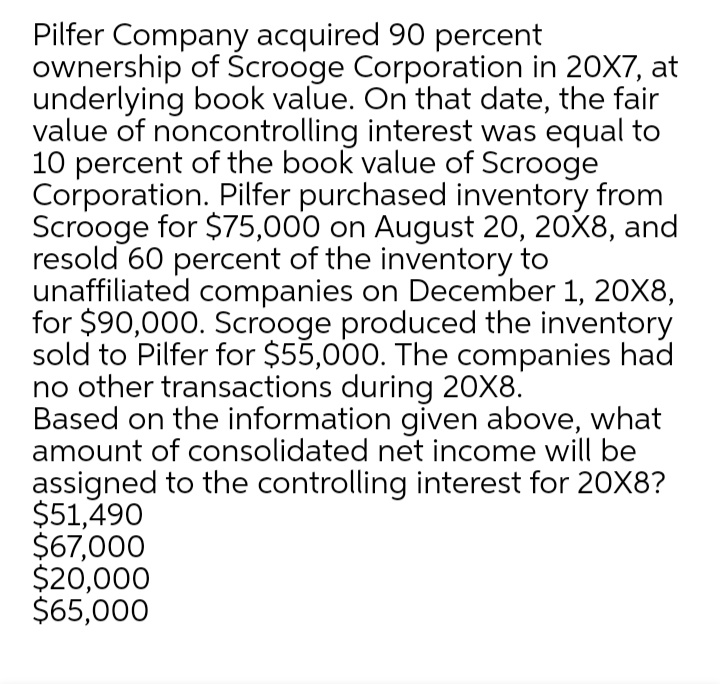 Pilfer Company acquired 90 percent
ownership of Scrooge Corporation in 20X7, at
underlying book value. On that date, the fair
value of noncontrolling interest was equal to
10 percent of the book value of Scrooge
Corporation. Pilfer purchased inventory from
Scrooge for $75,000 on August 20, 20X8, and
resold 60 percent of the inventory to
unaffiliated companies on December 1, 20X8,
for $90,000. Scrooge produced the inventory
sold to Pilfer for $55,000. The companies had
no other transactions during 20X8.
Based on the information given above, what
amount of consolidated net income will be
assigned to the controlling interest for 20X8?
$51,490
$67,000
$20,000
$65,000
