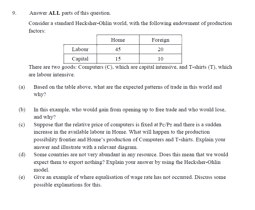 9.
Answer ALL parts of this question.
Consider a standard Hecksher-Ohlin world, with the following endowment of production
factors:
Home
Foreign
Labour
77
45
20
Capital
15
10
There are two goods: Computers (C), which are capital intensive, and T-shirts (T), which
are labour intensive.
(a)
Based on the table above, what are the expected patterns of trade in this world and
why?
(b)
In this example, who would gain from opening up to free trade and who would lose,
and why?
(c)
Suppose that the relative price of computers is fixed at Pc/PT and there is a sudden
increase in the available labour in Home. What will happen to the production
possibility frontier and Home's production of Computers and T-shirts. Explain your
answer and illustrate with a relevant diagram.
(d)
Some countries are not very abundant in any resource. Does this mean that we would
expect them to export nothing? Explain your answer by using the Hecksher-Ohlin
model.
(e)
Give an example of where equalisation of wage rate has not occurred. Discuss some
possible explanations for this.