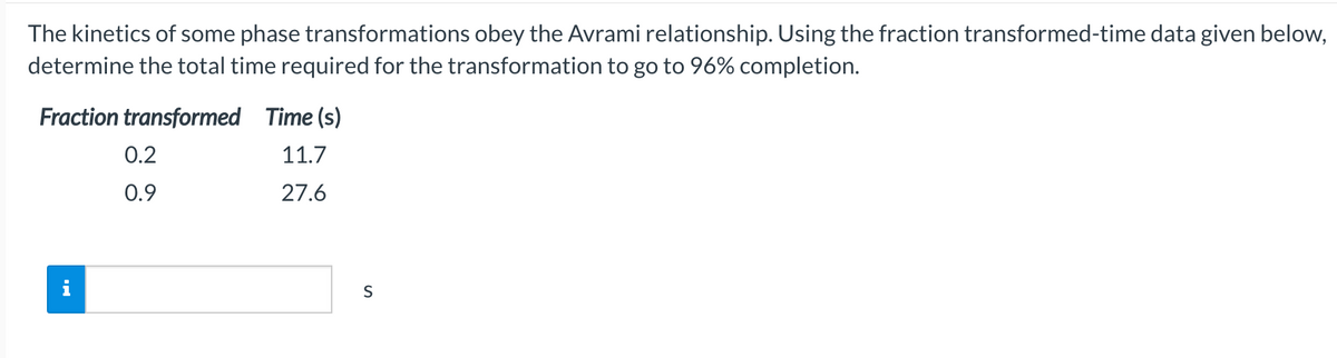 The kinetics of some phase transformations obey the Avrami relationship. Using the fraction transformed-time data given below,
determine the total time required for the transformation to go to 96% completion.
Fraction transformed Time (s)
0.2
11.7
0.9
27.6
