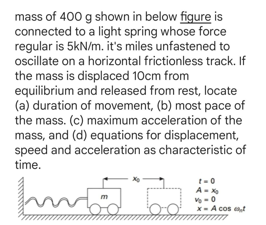 mass of 400 g shown in below figure is
connected to a light spring whose force
regular is 5kN/m. it's miles unfastened to
oscillate on a horizontal frictionless track. If
the mass is displaced 10cm from
equilibrium and released from rest, locate
(a) duration of movement, (b) most pace of
the mass. (c) maximum acceleration of the
mass, and (d) equations for displacement,
speed and acceleration as characteristic of
time.
hmmod bo
t = 0
A = Xo
Vo = 0
x = A cos @nt