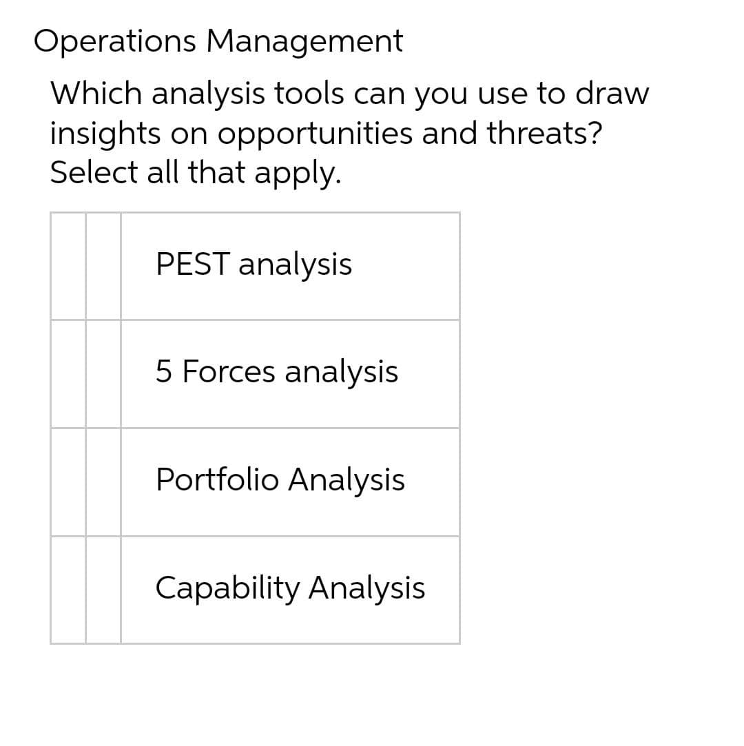 Operations Management
Which analysis tools can you use to draw
insights on opportunities and threats?
Select all that apply.
PEST analysis
5 Forces analysis
Portfolio Analysis
Capability Analysis