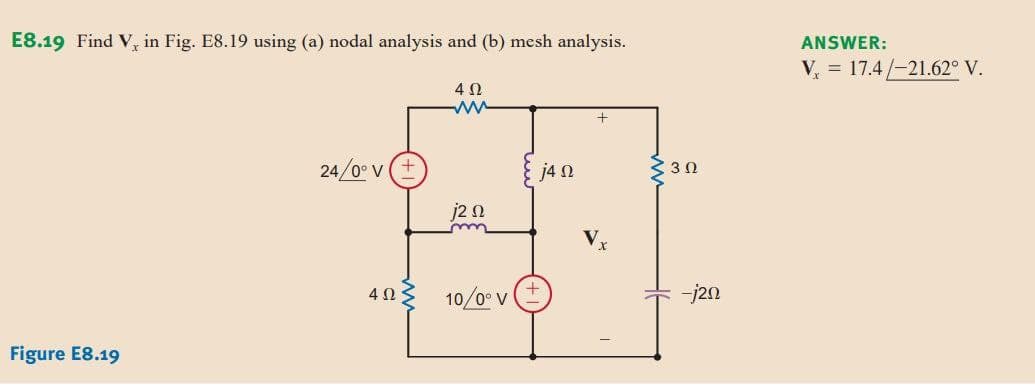 E8.19 Find V, in Fig. E8.19 using (a) nodal analysis and (b) mesh analysis.
ANSWER:
V = 17.4/-21.62° V.
4 0
24/0° V
j4 0
2 30
j2 n
V
10/0° v
-j20
Figure E8.19
