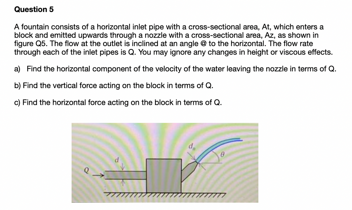Question 5
A fountain consists of a horizontal inlet pipe with a cross-sectional area, At, which enters a
block and emitted upwards through a nozzle with a cross-sectional area, Az, as shown in
figure Q5. The flow at the outlet is inclined at an angle @ to the horizontal. The flow rate
through each of the inlet pipes is Q. You may ignore any changes in height or viscous effects.
a) Find the horizontal component of the velocity of the water leaving the nozzle in terms of Q.
b) Find the vertical force acting on the block in terms of Q.
c) Find the horizontal force acting on the block in terms of Q.
da
