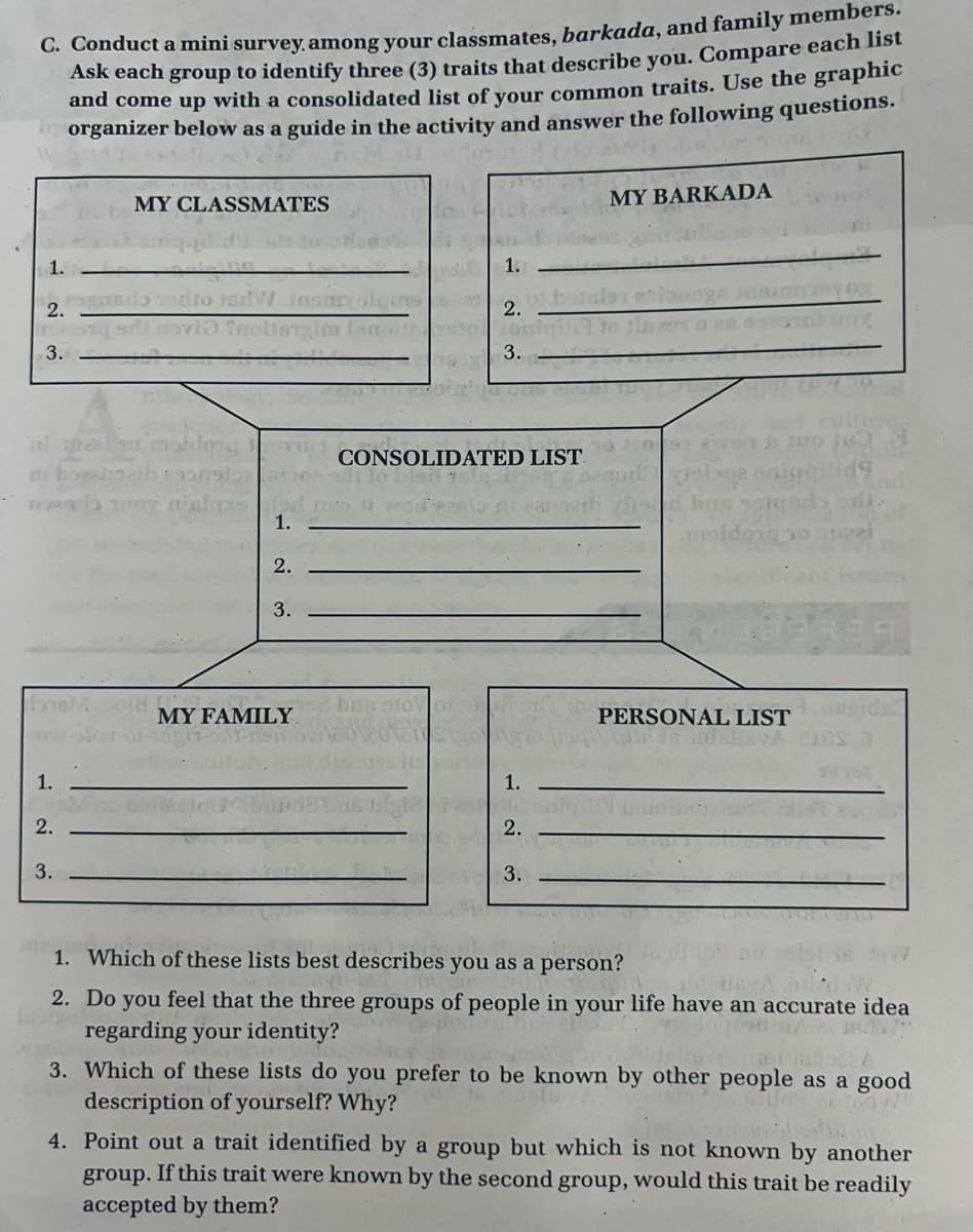 C. Conduct a mini survey. among your classmates, barkada, and family members.
Ask each group to identify three (3) traits that describe you. Compare each list
and come up with a consolidated list of your common traits. Use the graphic
organizer below as a guide in the activity and answer the following questions.
LORE
1.
2.
3.
1.
2.
3.
BM
MY CLASSMATES
to sdW
od mo ti wor
1.
2.
3.
THAT
MY FAMILY
CONSOLIDATED LIST
adt to blei stairs
bas
1.
2.01
solgte
3.
1.
2.
3.
MY BARKADA
COL
010 10
PERSONAL LIST
is aldslisVA
Yes
10%
1. Which of these lists best describes you as a person?
2. Do you feel that the three groups of people in your life have an accurate idea
regarding your identity?
3. Which of these lists do you prefer to be known by other people as a good
description of yourself? Why?
4. Point out a trait identified by a group but which is not known by another
group. If this trait were known by the second group, would this trait be readily
accepted by them?