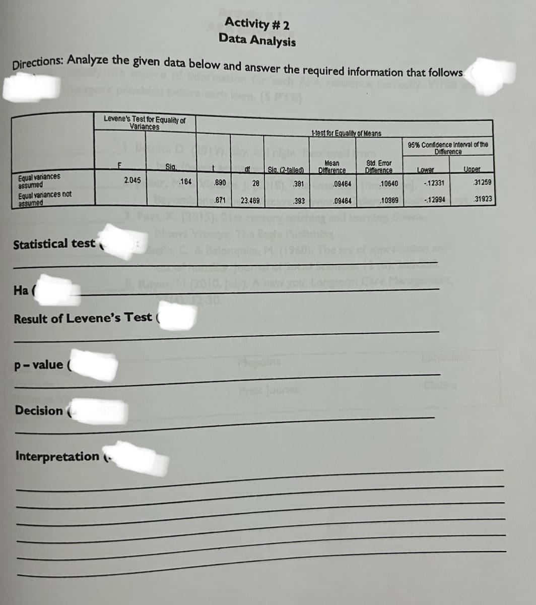 Activity #2
Data Analysis
Directions: Analyze the given data below and answer the required information that follows
Equal variances
assumed
Equal variances not
assumed
Statistical test
p-value
Levene's Test for Equality of
Variances
Decision
Ha (
Result of Levene's Test
F
Interpretation (
2.045
Sig.
164
t
.890
.871
df
28
23.469
Sig. (2-talled)
.381
.393
t-test for Equality of Means
Mean
Difference
09464
09464
Std. Error
Difference
10640
.10869
95% Confidence Interval of the
Difference
Lower
-12331
-12994
Upper
31259
31923