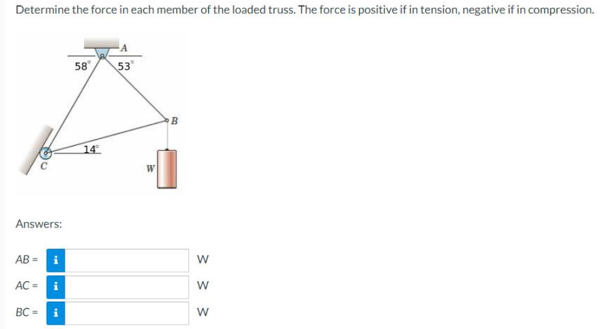 Determine the force in each member of the loaded truss. The force is positive if in tension, negative if in compression.
Answers:
AB= i
AC = i
BC =
Mi
58° 53°
14°
B
W
W
W