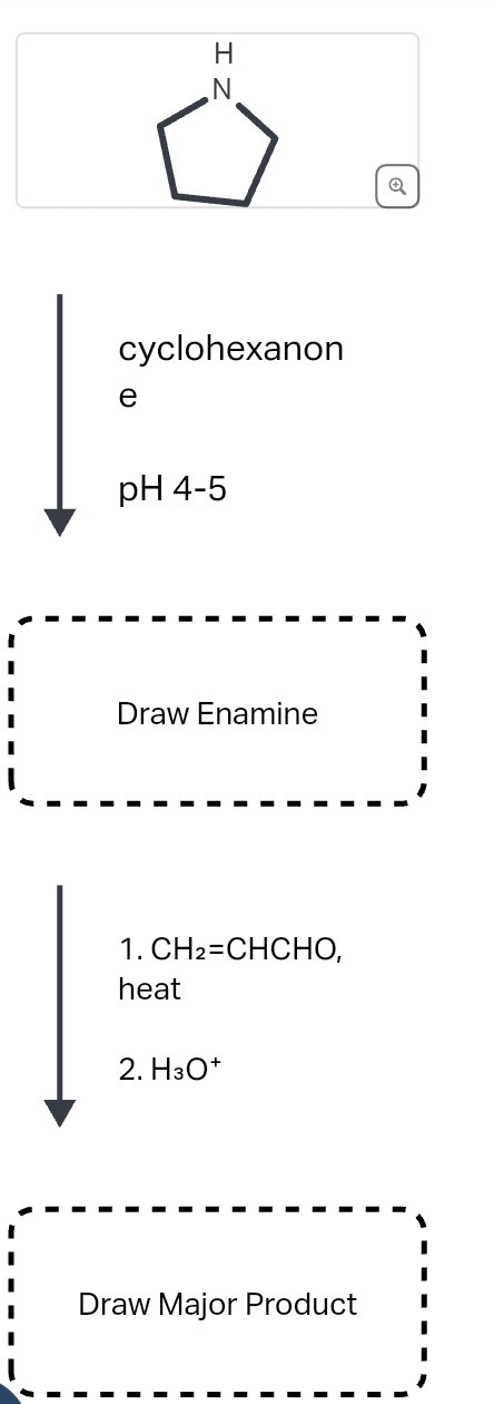 H
N
cyclohexanon
e
pH 4-5
Q
Draw Enamine
I
1. CH2=CHCHO,
heat
2. H3O+
Draw Major Product