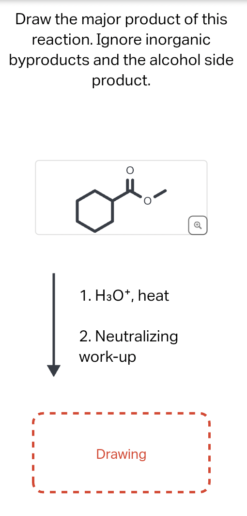 Draw the major product of this
reaction. Ignore inorganic
byproducts and the alcohol side
product.
1. H3O+, heat
2. Neutralizing
work-up
Drawing
Q