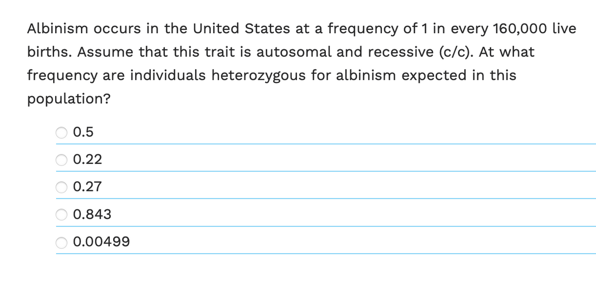Albinism occurs in the United States at a frequency of 1 in every 160,000 live
births. Assume that this trait is autosomal and recessive (c/c). At what
frequency are individuals heterozygous for albinism expected in this
population?
0.5
0.22
0.27
0.843
0.00499
