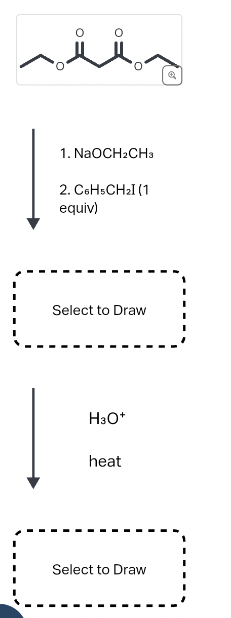 ii
1. NaOCH2CH3
2. C6H5CH2I (1
equiv)
Select to Draw
H3O+
heat
Select to Draw