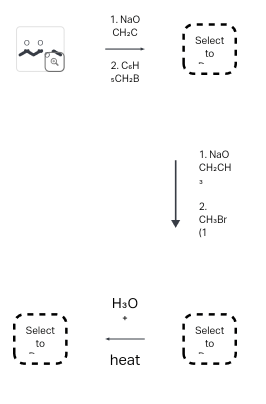 00
0
1. NaO
CH2C
Select
2. C6H
5CH2B
-
Select
to
H3O
to
1. NaO
CH2CH
3
2.
CH3Br
(1
Select
to
heat