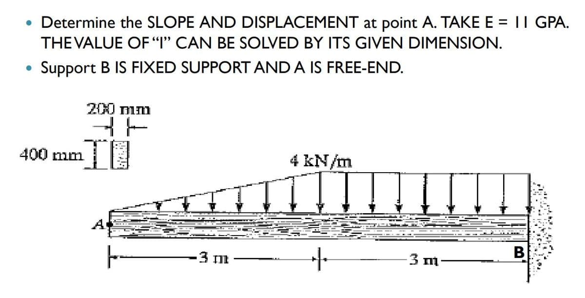• Determine the SLOPE AND DISPLACEMENT at point A. TAKE E = II GPA.
THE VALUE OF "I" CAN BE SOLVED BY ITS GIVEN DIMENSION.
Support B IS FIXED SUPPORT AND A IS FREE-END.
200 mm
HH
400 mm
4 kN/m
B
F
+
3 m
3 m