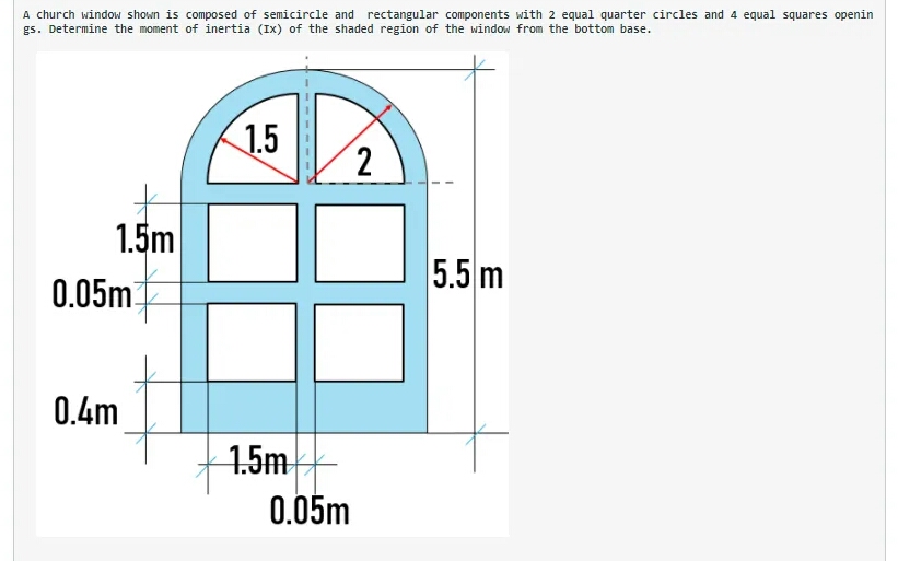 A church window shown is composed of semicircle and rectangular components with 2 equal quarter circles and 4 equal squares openin
gs. Determine the moment of inertia (Ix) of the shaded region of the window from the bottom base.
1.5
1.5m
0.05m
5.5 m
0.4m
1.5m
0.05m
