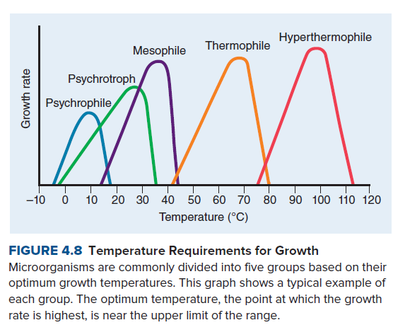 Hyperthermophile
Mesophile
Thermophile
Psychrotroph
Psychrophile
-10 ó 10 20 30 40 50 60 70 80 90 100 110 120
Temperature (°C)
FIGURE 4.8 Temperature Requirements for Growth
Microorganisms are commonly divided into five groups based on their
optimum growth temperatures. This graph shows a typical example of
each group. The optimum temperature, the point at which the growth
rate is highest, is near the upper limit of the range.
Growth rate
