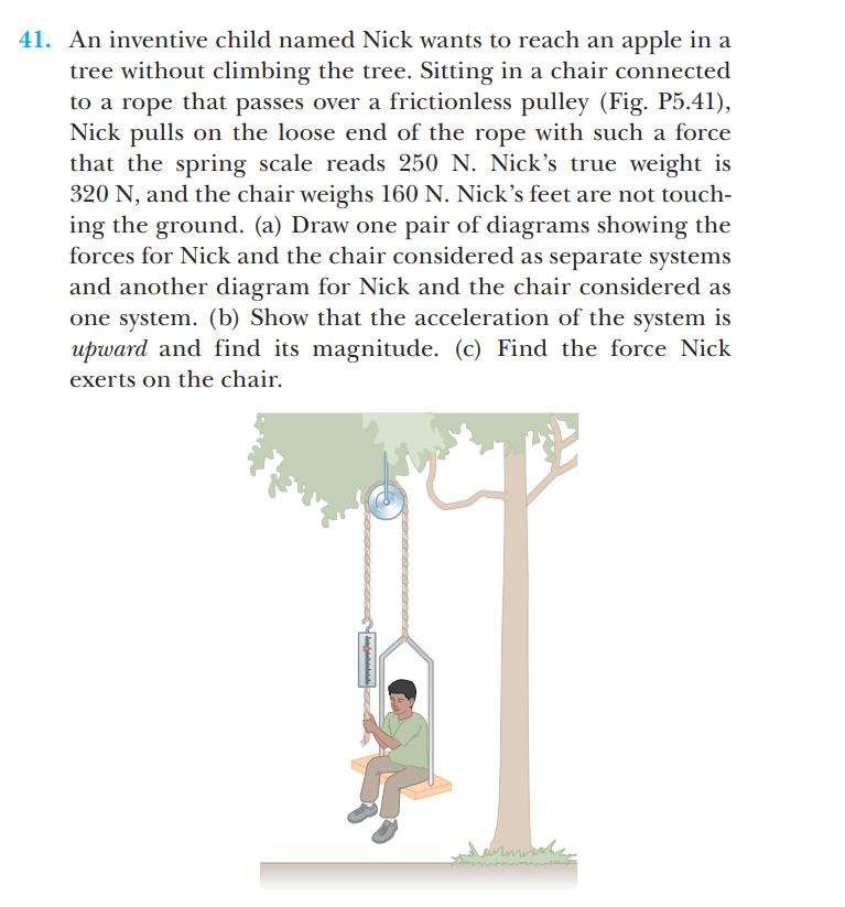 41. An inventive child named Nick wants to reach an apple in a
tree without climbing the tree. Sitting in a chair connected
to a rope that passes over a frictionless pulley (Fig. P5.41),
Nick pulls on the loose end of the rope with such a force
that the spring scale reads 250 N. Nick's true weight is
320 N, and the chair weighs 160 N. Nick's feet are not touch-
ing the ground. (a) Draw one pair of diagrams showing the
forces for Nick and the chair considered as separate systems
and another diagram for Nick and the chair considered as
one system. (b) Show that the acceleration of the system is
upward and find its magnitude. (c) Find the force Nick
exerts on the chair.
