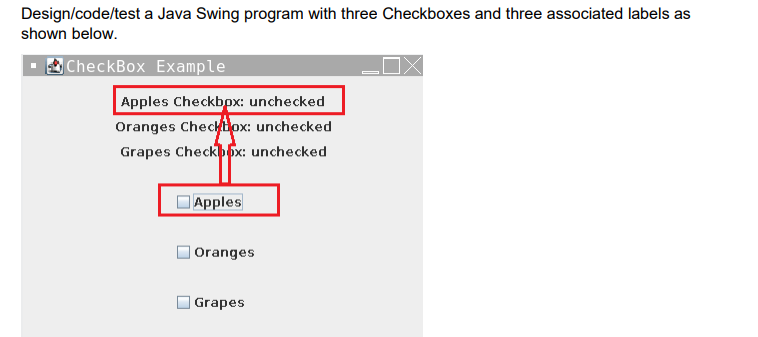 Design/code/test a Java Swing program with three Checkboxes and three associated labels as
shown below.
CheckBox Example
Apples Checkbox: unchecked
Oranges Checkbox: unchecked
Grapes Checkbox: unchecked
Apples
Oranges
Grapes