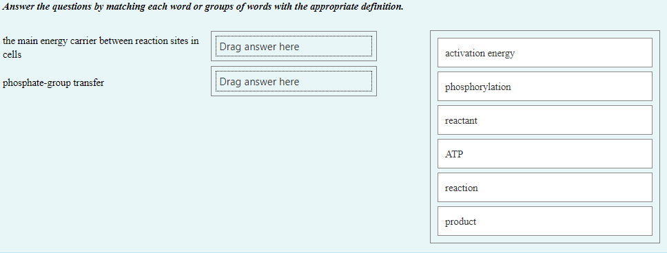 Answer the questions by matching each word or groups of words with the appropriate definition.
the main energy carrier between reaction sites in
cells
phosphate-group transfer
Drag answer here
Drag answer here
activation energy
phosphorylation
reactant
ATP
reaction
product