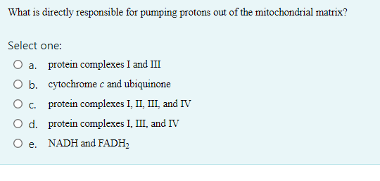 What is directly responsible for pumping protons out of the mitochondrial matrix?
Select one:
O a. protein complexes I and III
O b. cytochrome c and ubiquinone
O c. protein complexes I, II, III, and IV
O d. protein complexes I, III, and IV
O e. NADH and FADH₂