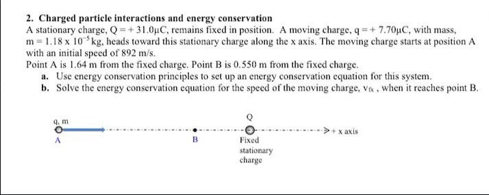 2. Charged particle interactions and energy conservation
A stationary charge, Q = + 31.0uC, remains fixed in position. A moving charge, q = + 7.70µC, with mass,
m = 1.18 x 10 kg, heads toward this stationary charge along the x axis. The moving charge starts at position A
with an initial speed of 892 m/s.
Point A is 1.64 m from the fixed charge. Point B is 0.550 m from the fixed charge.
a. Use energy conservation principles to set up an energy conservation equation for this system.
b. Solve the energy conservation equation for the speed of the moving charge, vx, when it reaches point B.
q. m
>+ x axis
Fixed
stationary
charge
