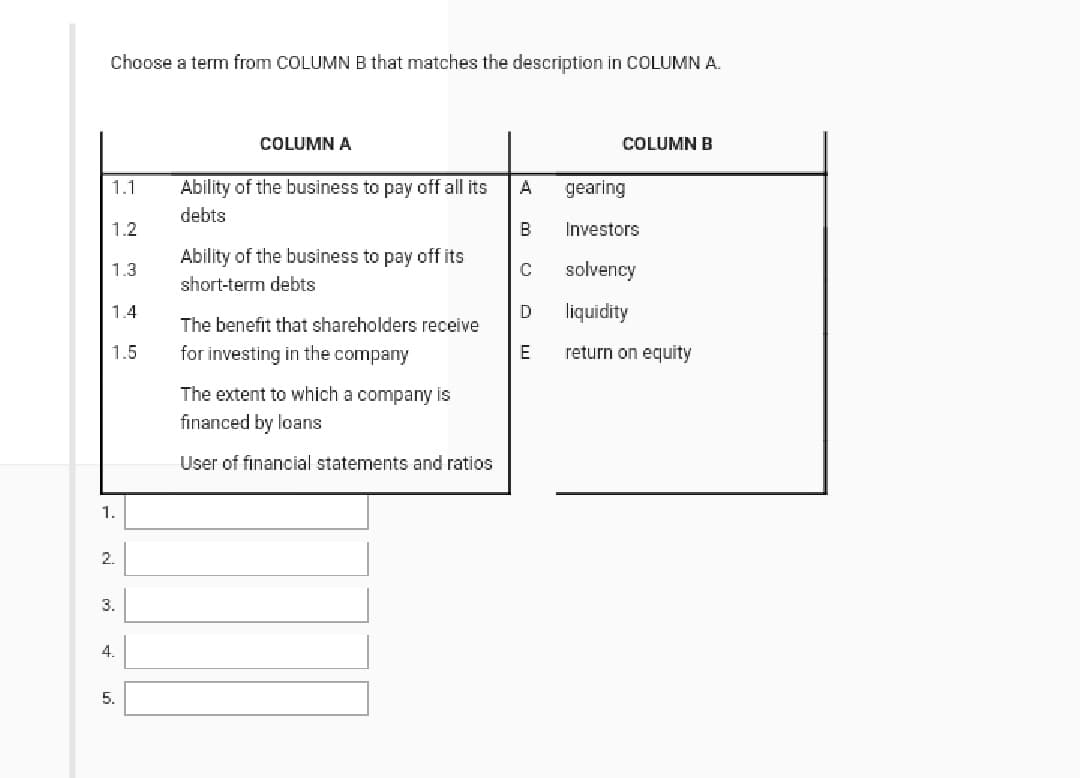 Choose a term from COLUMN B that matches the description in COLUMN A.
COLUMN A
COLUMN B
1.1
Ability of the business to pay off all its
A
gearing
debts
1.2
B
Investors
Ability of the business to pay off its
1.3
solvency
short-term debts
1.4
D
liquidity
The benefit that shareholders receive
1.5
for investing in the company
return on equity
The extent to which a company is
financed by loans
User of financial statements and ratios
1.
2.
3.
4.
5.
