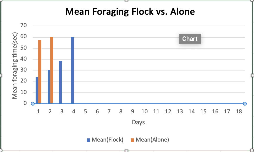 Mean Foraging Flock vs. Alone
70
60
Chart
50
40
30
20
10
1 2 3 4
6.
7
9.
10 11 12 13 14 15 16 17 18
Days
I Mean(Flock)
I Mean(Alone)
Mean foraging time(sec)
LO

