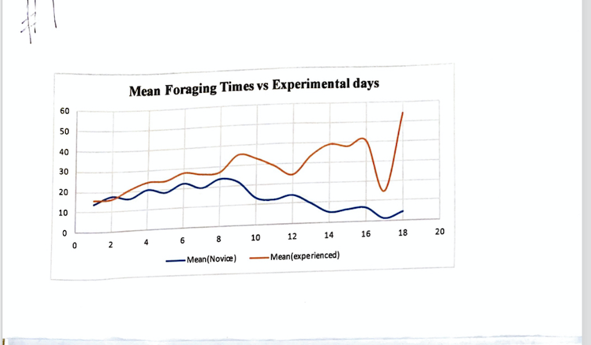 Mean Foraging Times vs Experimental days
60
50
40
30
20
10
6 8 10
12
16
18
20
14
-Mean(Novice)
-Mean(experienced)
