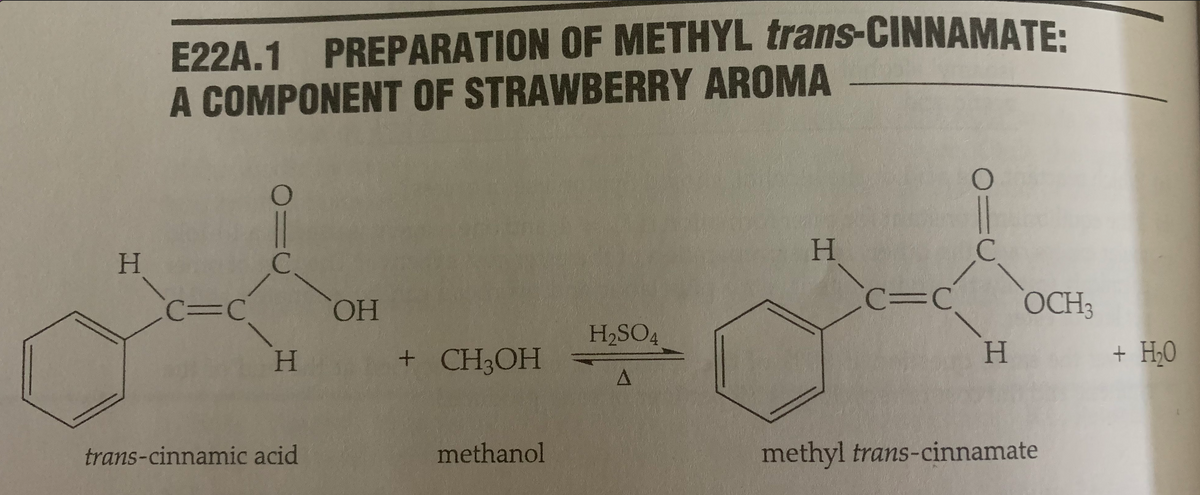 E22A.1 PREPARATION OF METHYL trans-CINNAMATE:
A COMPONENT OF STRAWBERRY AROMA
O
H
CC=C
OH
H2SO4
H
+ CH3OH
A
trans-cinnamic acid
methanol
H
C=C
OCH3
H
+ H₂O
methyl trans-cinnamate