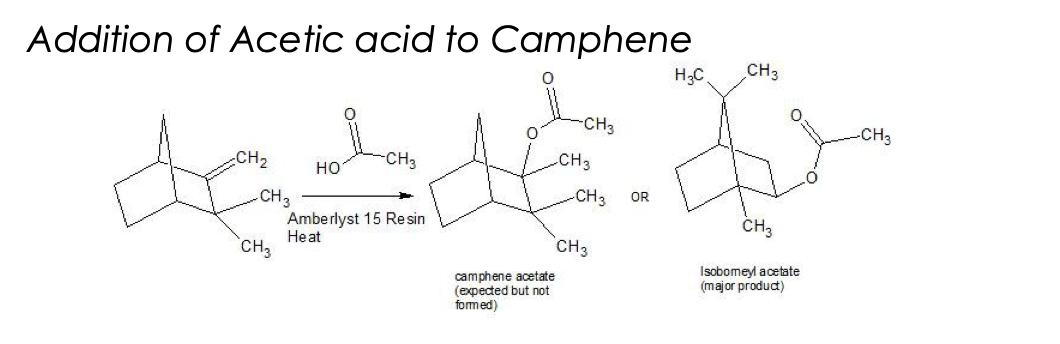 Addition of Acetic acid to Camphene
H3C
CH3
CH3
-CH3
CH2
-CH3
CH3
но
CH3
CH3
Amberlyst 15 Resin
Heat
CH3
OR
CH3
CH3
camphene acetate
(expected but not
formed)
Isobomeyl acetate
(major product)
